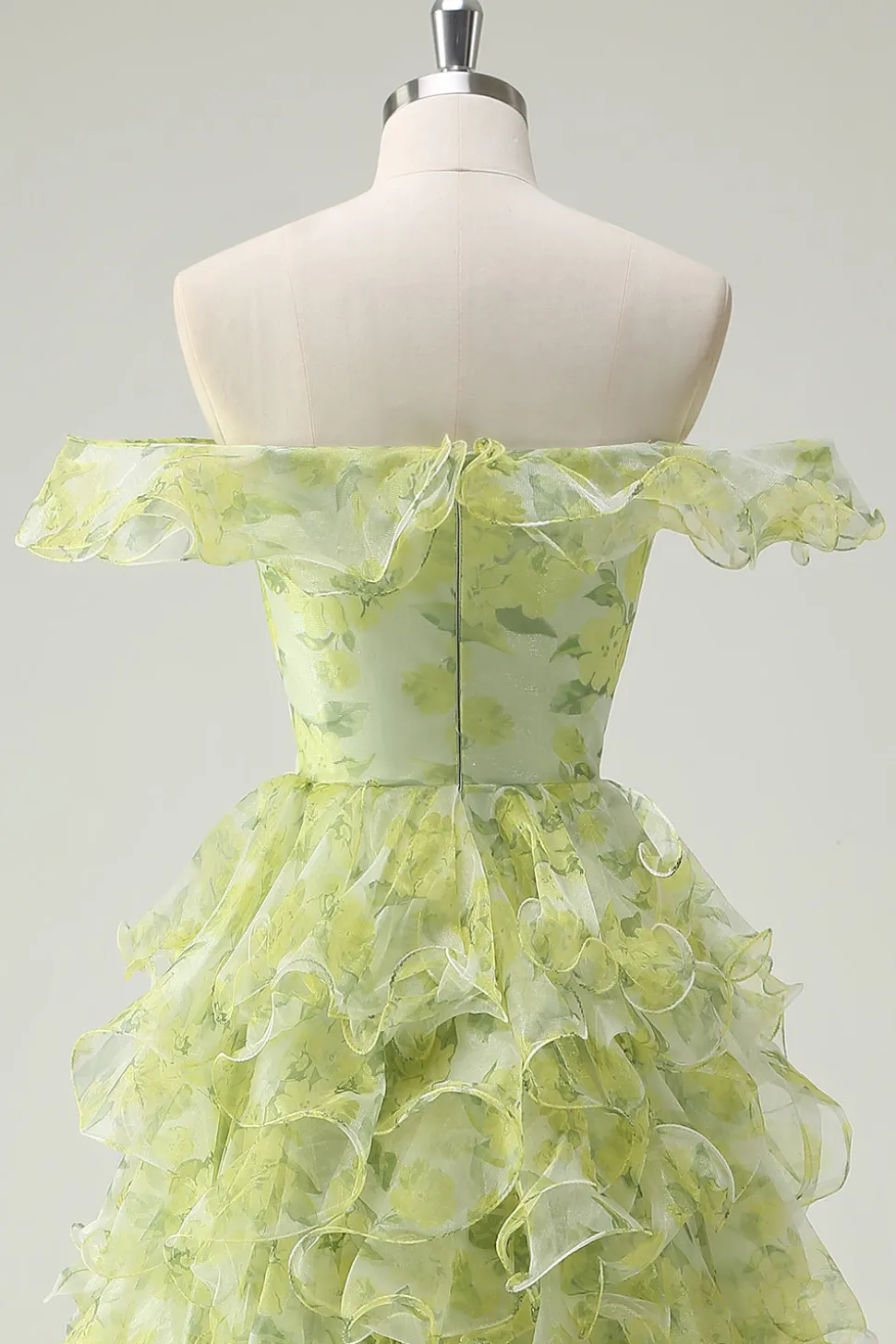 Dusty Sage Floral babado A-Line Square Neck Long Prom Dress