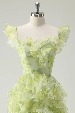 Dusty Sage Floral babado A-Line Square Neck Long Prom Dress
