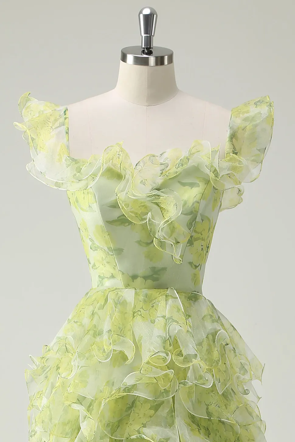 Dusty Sage Floral babado A-Line Square Neck Long Prom Dress