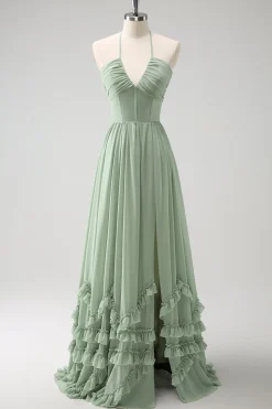 Dusty Sage Halter babado vestido de dama de honra com fenda