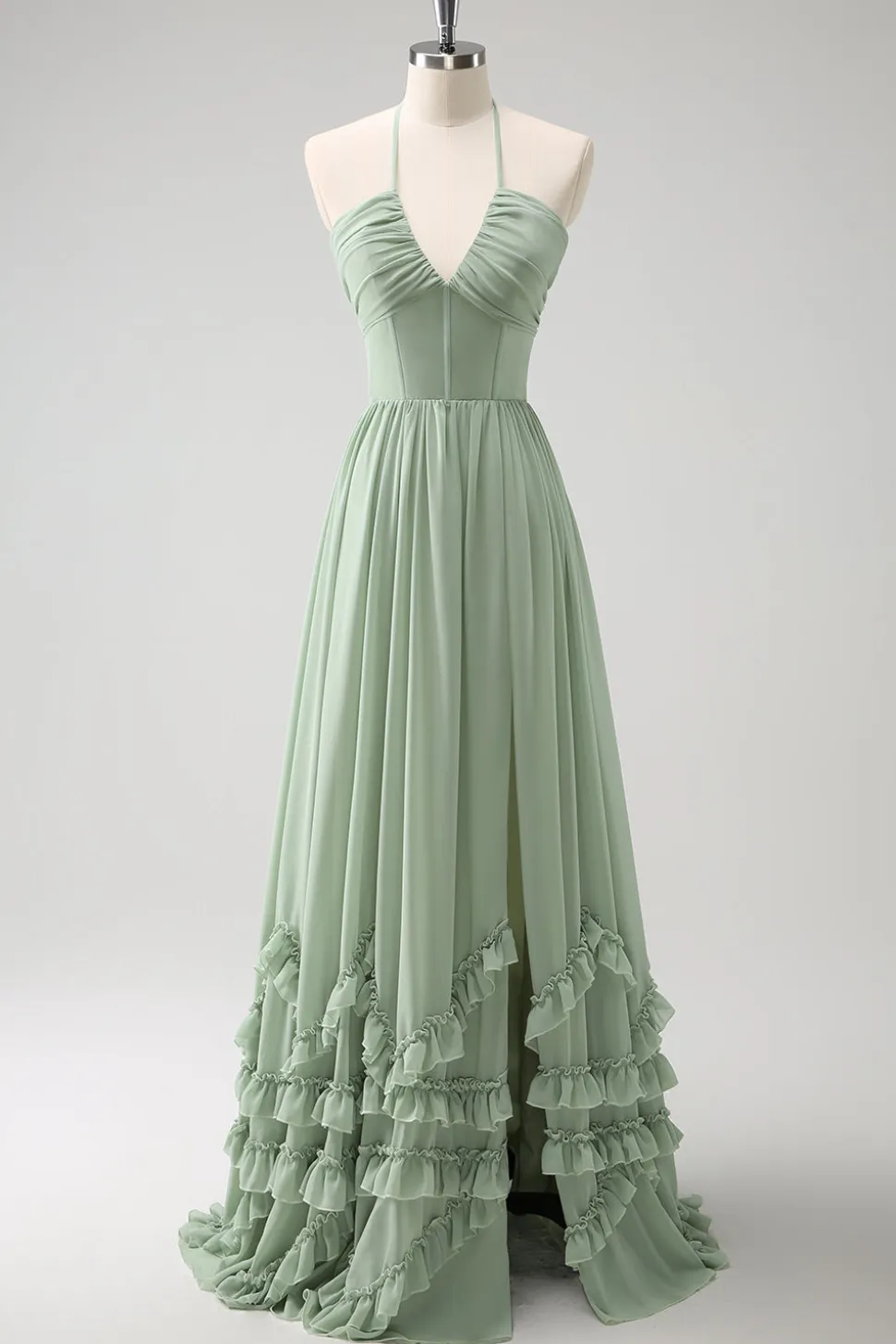 Dusty Sage Halter babado vestido de dama de honra com fenda