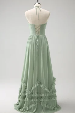Dusty Sage Halter babado vestido de dama de honra com fenda
