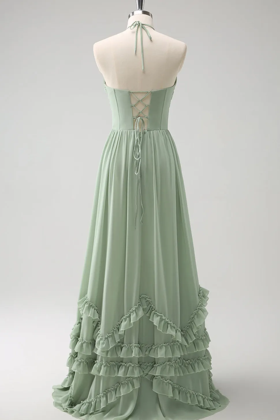 Dusty Sage Halter babado vestido de dama de honra com fenda