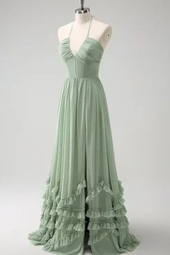 Dusty Sage Halter babado vestido de dama de honra com fenda
