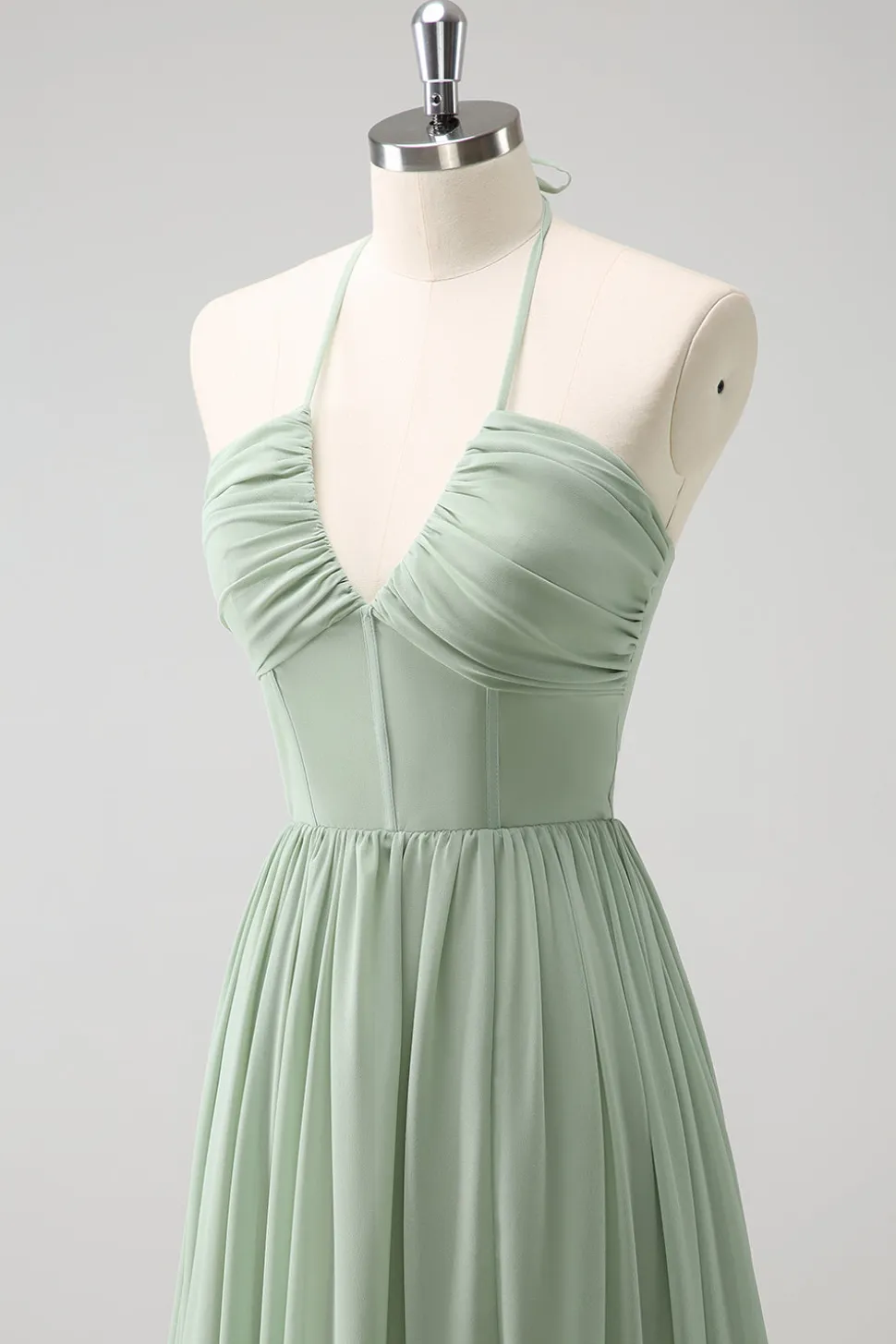 Dusty Sage Halter babado vestido de dama de honra com fenda
