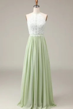 Dusty Sage Halter Neck Lace e Chiffon A-line Floor Length Vestido Madrinha