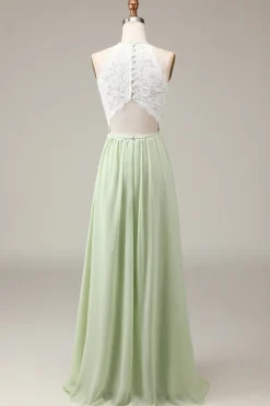 Dusty Sage Halter Neck Lace e Chiffon A-line Floor Length Vestido Madrinha