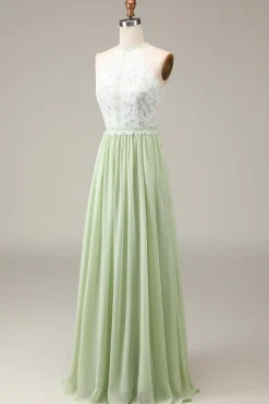 Dusty Sage Halter Neck Lace e Chiffon A-line Floor Length Vestido Madrinha