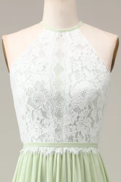 Dusty Sage Halter Neck Lace e Chiffon A-line Floor Length Vestido Madrinha