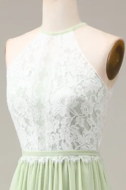 Dusty Sage Halter Neck Lace e Chiffon A-line Floor Length Vestido Madrinha