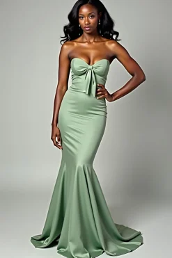 Dusty Sage Matte Cetim Sereia Strapless Long Prom Dress