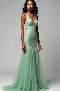 Dusty Sage Sereia Esparguete Correias Renda Vestido Longo Baile