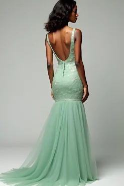 Dusty Sage Sereia Esparguete Correias Renda Vestido Longo Baile