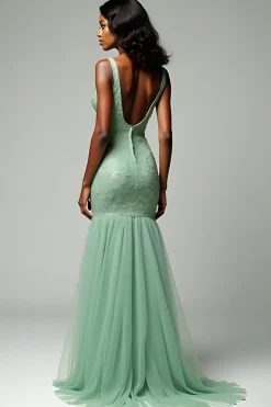 Dusty Sage Sereia Esparguete Correias Renda Vestido Longo Baile