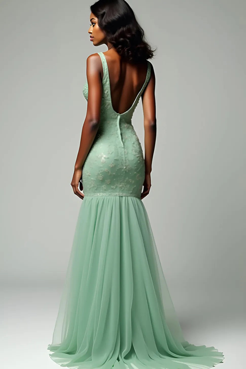 Dusty Sage Sereia Esparguete Correias Renda Vestido Longo Baile