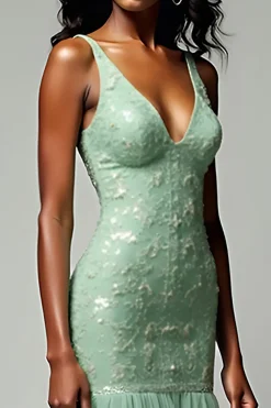 Dusty Sage Sereia Esparguete Correias Renda Vestido Longo Baile