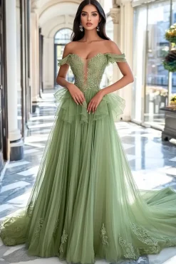 Dusty Sage Tule Fora do Ombro A-Line Long Prom Dress com Apliques de Renda