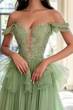 Dusty Sage Tule Fora do Ombro A-Line Long Prom Dress com Apliques de Renda