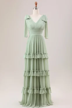 Dusty Sage Uma linha Chiffon vestido de dama de honra com babados