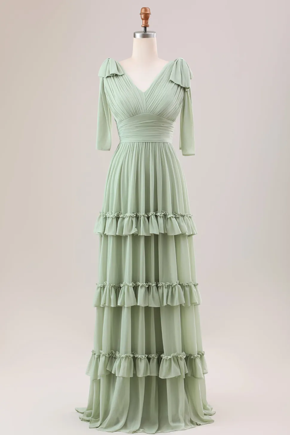 Dusty Sage Uma linha Chiffon vestido de dama de honra com babados
