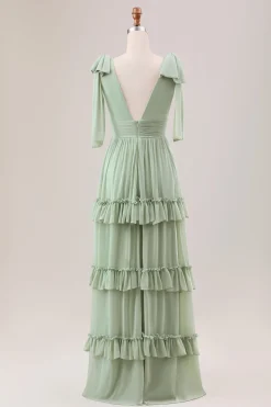 Dusty Sage Uma linha Chiffon vestido de dama de honra com babados