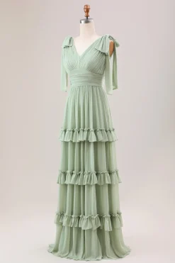Dusty Sage Uma linha Chiffon vestido de dama de honra com babados