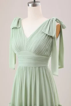 Dusty Sage Uma linha Chiffon vestido de dama de honra com babados