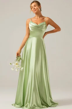 Dusty Sage Uma linha Cowl Neck Cetim Long vestido de dama de honra com pregas