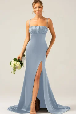 Dusty Sage Uma linha Cowl Neck Cetim Long vestido de dama de honra com pregas
