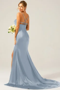 Dusty Sage Uma linha Cowl Neck Cetim Long vestido de dama de honra com pregas