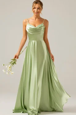 Dusty Sage Uma linha Cowl Neck Cetim Long vestido de dama de honra com pregas