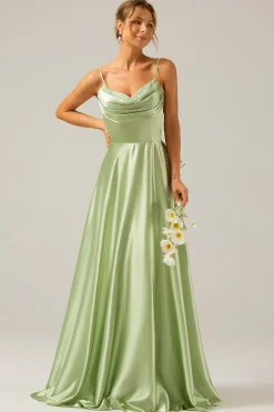 Dusty Sage Uma linha Cowl Neck Cetim Long vestido de dama de honra com pregas
