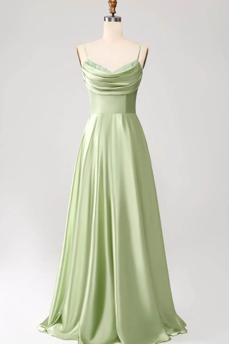 Dusty Sage Uma Linha Cowl Neck Cetim Long Prom Dress com pregas