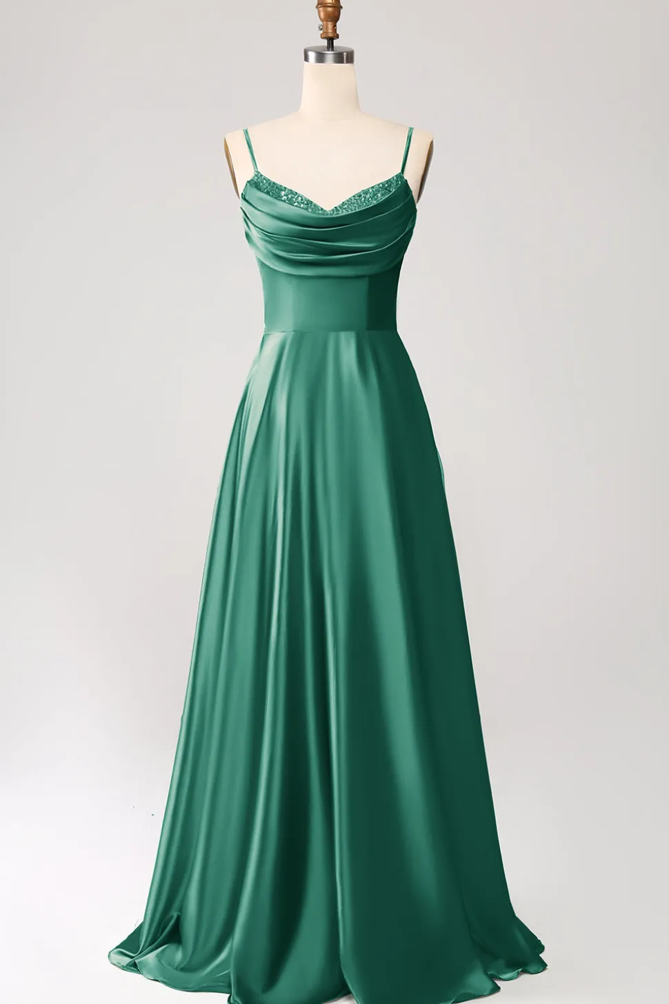 Dusty Sage Uma Linha Cowl Neck Cetim Long Prom Dress com pregas