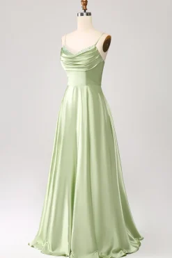 Dusty Sage Uma Linha Cowl Neck Cetim Long Prom Dress com pregas