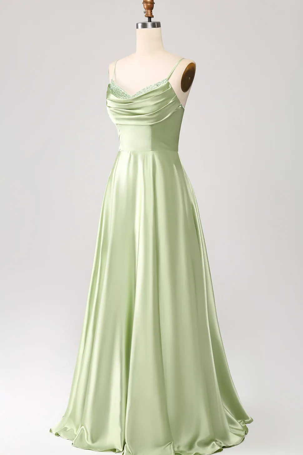 Dusty Sage Uma Linha Cowl Neck Cetim Long Prom Dress com pregas