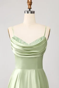 Dusty Sage Uma Linha Cowl Neck Cetim Long Prom Dress com pregas
