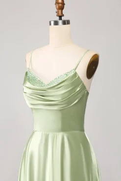 Dusty Sage Uma Linha Cowl Neck Cetim Long Prom Dress com pregas