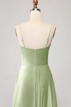 Dusty Sage Uma Linha Cowl Neck Cetim Long Prom Dress com pregas