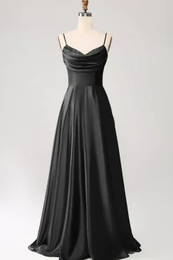 Dusty Sage Uma Linha Cowl Neck Cetim Long Prom Dress com pregas