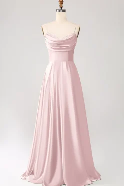 Dusty Sage Uma Linha Cowl Neck Cetim Long Prom Dress com pregas