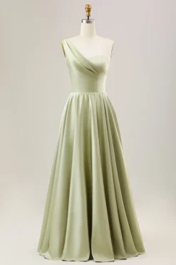 Dusty Sage Uma linha de um ombro longo vestido de dama de honra de cetim