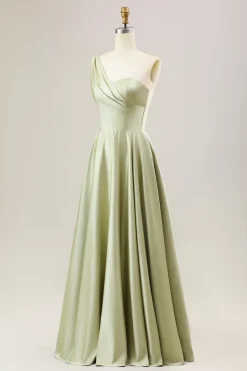 Dusty Sage Uma linha de um ombro longo vestido de dama de honra de cetim