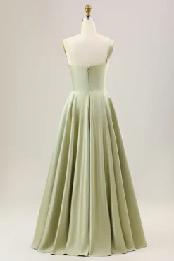 Dusty Sage Uma linha de um ombro longo vestido de dama de honra de cetim