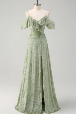 Dusty Sage Uma linha de veludo estampado vestido longo dama de honra com fenda