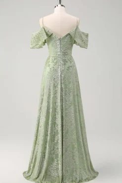 Dusty Sage Uma linha de veludo estampado vestido longo dama de honra com fenda