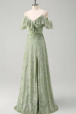 Dusty Sage Uma linha de veludo estampado vestido longo dama de honra com fenda