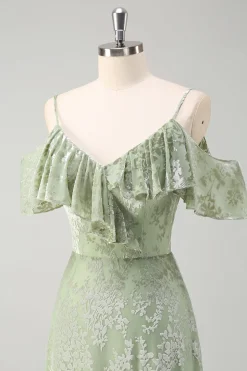 Dusty Sage Uma linha de veludo estampado vestido longo dama de honra com fenda