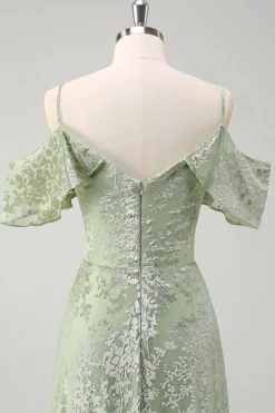 Dusty Sage Uma linha de veludo estampado vestido longo dama de honra com fenda