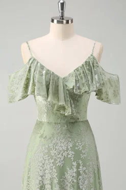 Dusty Sage Uma linha de veludo estampado vestido longo dama de honra com fenda
